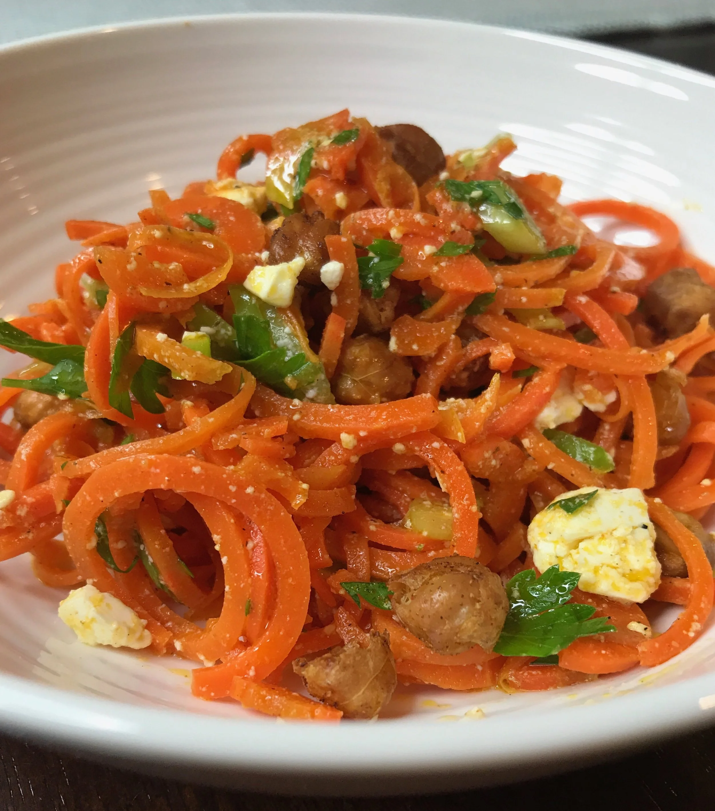 Spiralized Carrots with Roasted Chickpeas and Feta Vinaigrette 