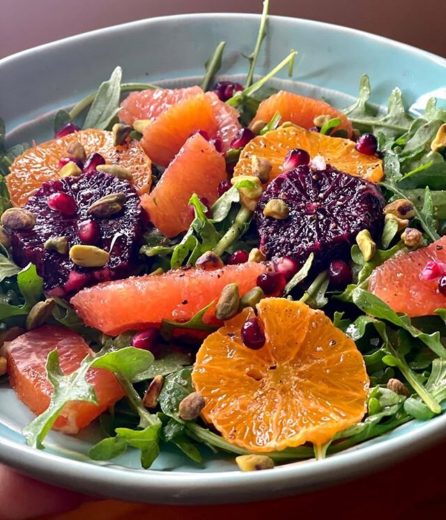 The best way to eat mandarins is dipped in dark chocolate with sea sat and almonds. But they are also pretty good drizzled with olive oil and pistachios - and in this case arugula, grapefruit, pomegranate, Cara Cara and blood oranges. The juices and 