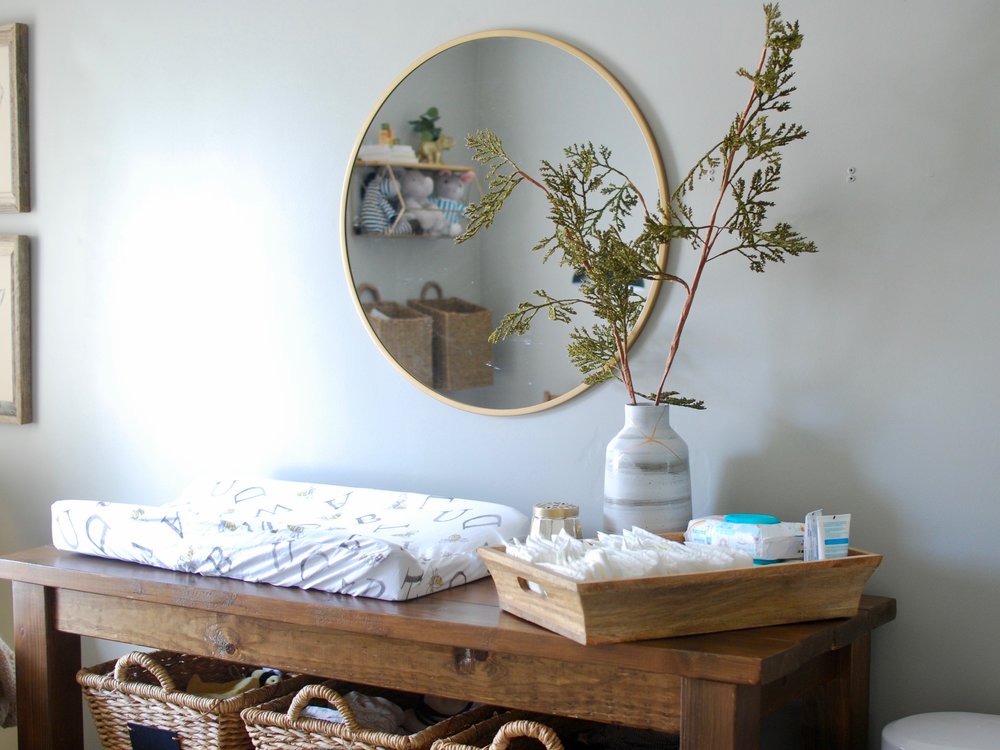 A Boho Style Gender Neutral Nursery Greywoodmama A Boho Style Gender Neutral Nursery, Round Mirror Above Changing Table