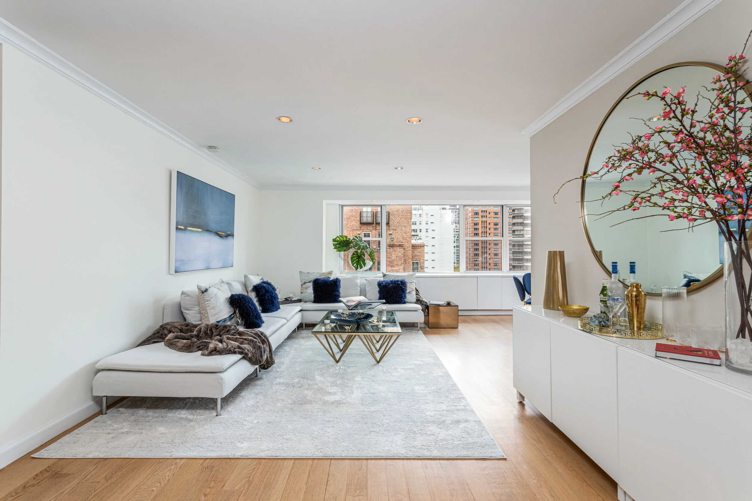 Modern Apartment Open Plan Living Area with Minimalist Interior and City View