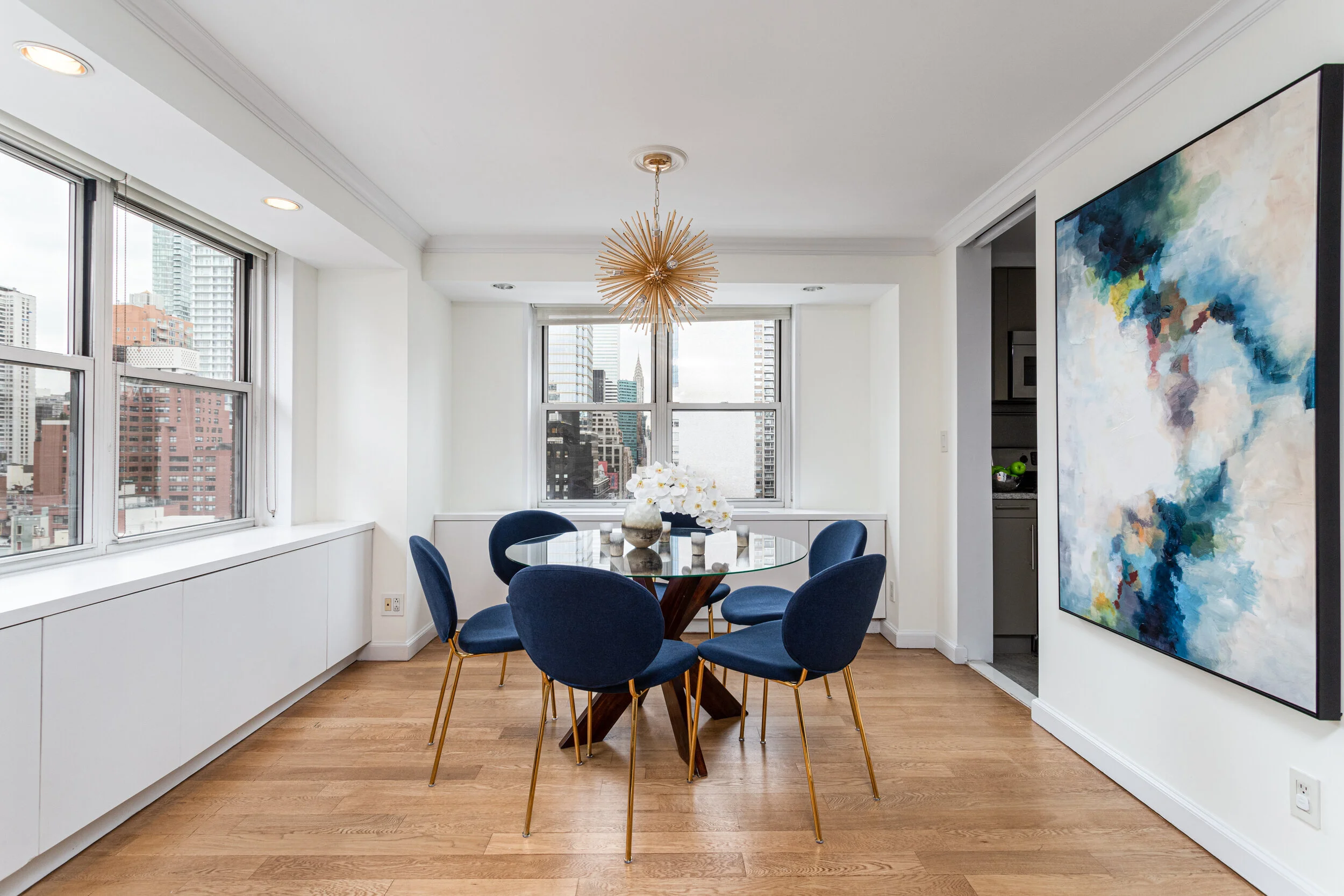 Modern NYC Apartment Dining Area Minimalist Interior with City View