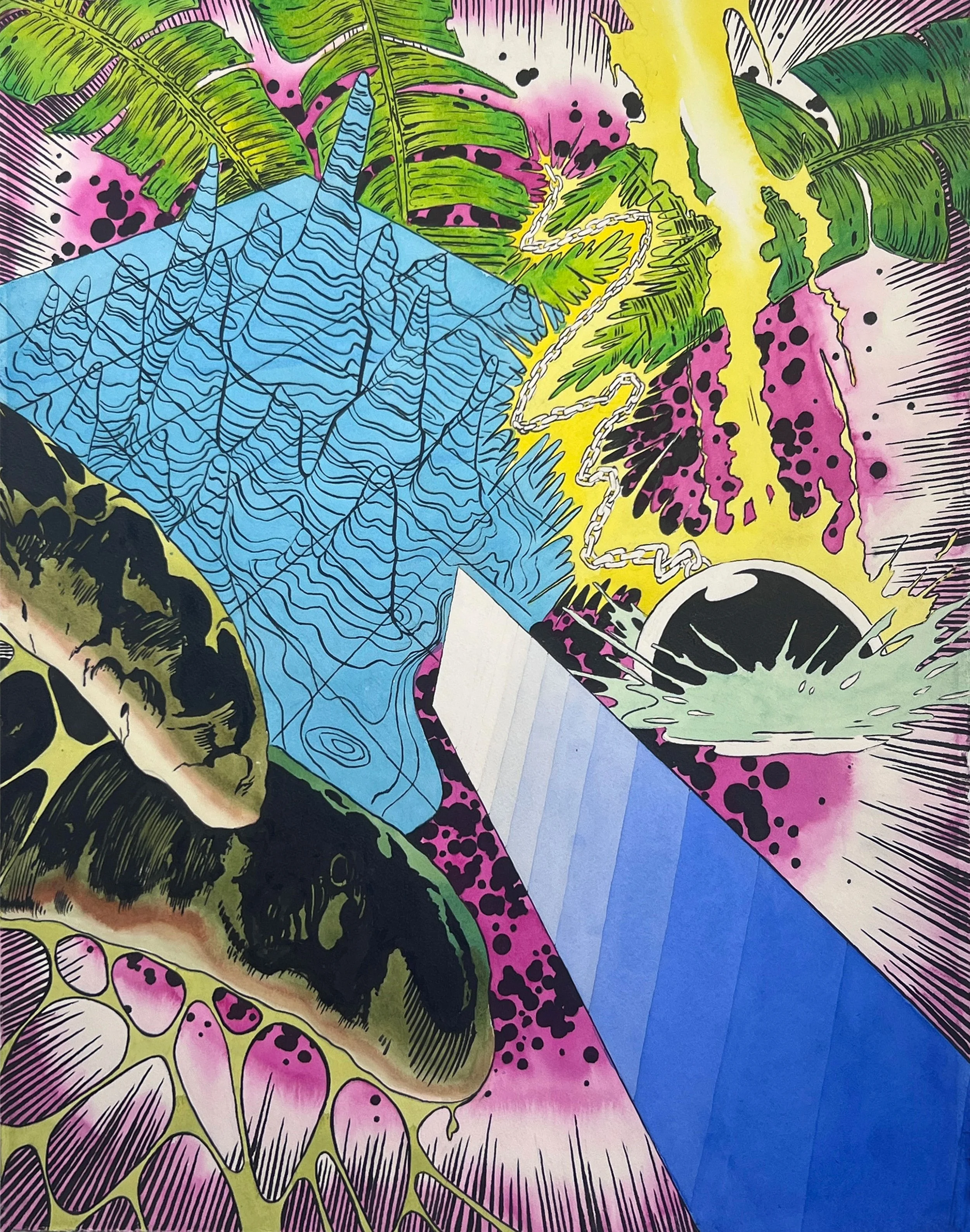 “Magnetic Ruins”, 2025, Watercolor & Ink on Paper, 30 X 22 inches