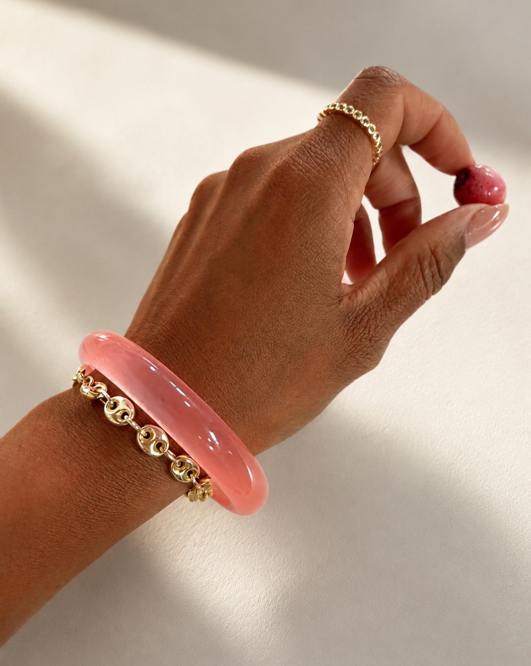Rose quartz skies &amp; ripe summer fruit. 🍇 🫐 💕

She&rsquo;s the soft pink hour made wearable &mdash; pink jade carved smooth as river stone, stacked with the gold Juliet for a little weight, a little shine.

An amulet isn&rsquo;t a decoration. I