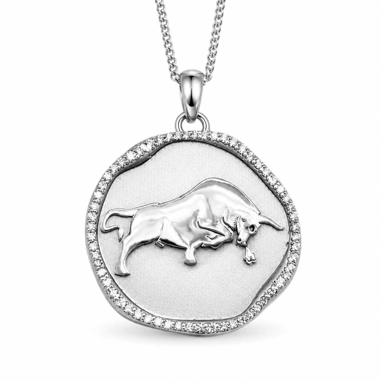 custom 14k solid white gold bull pendant with diamond ridge