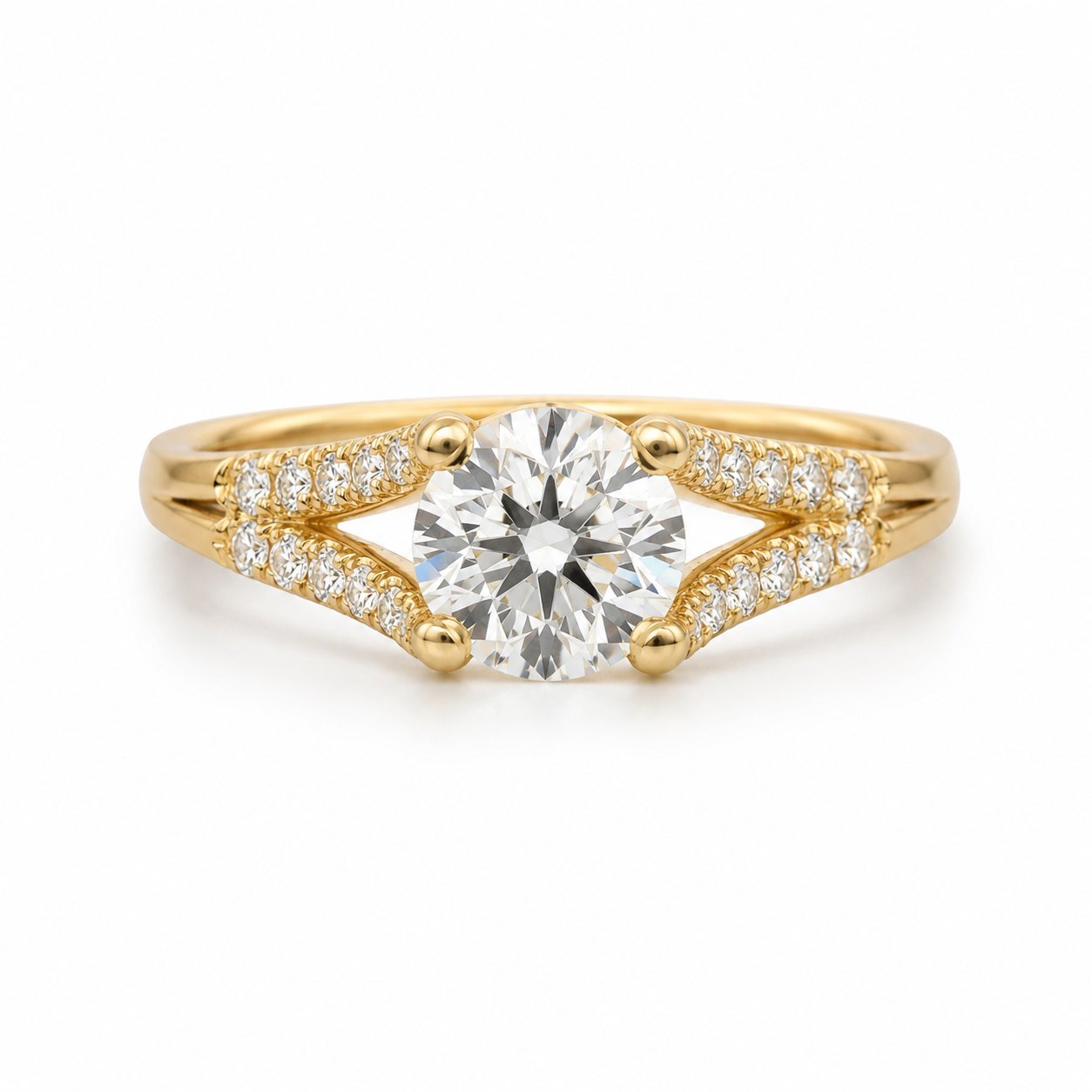 round diamond 14k gold engagement ring with pave diamonds