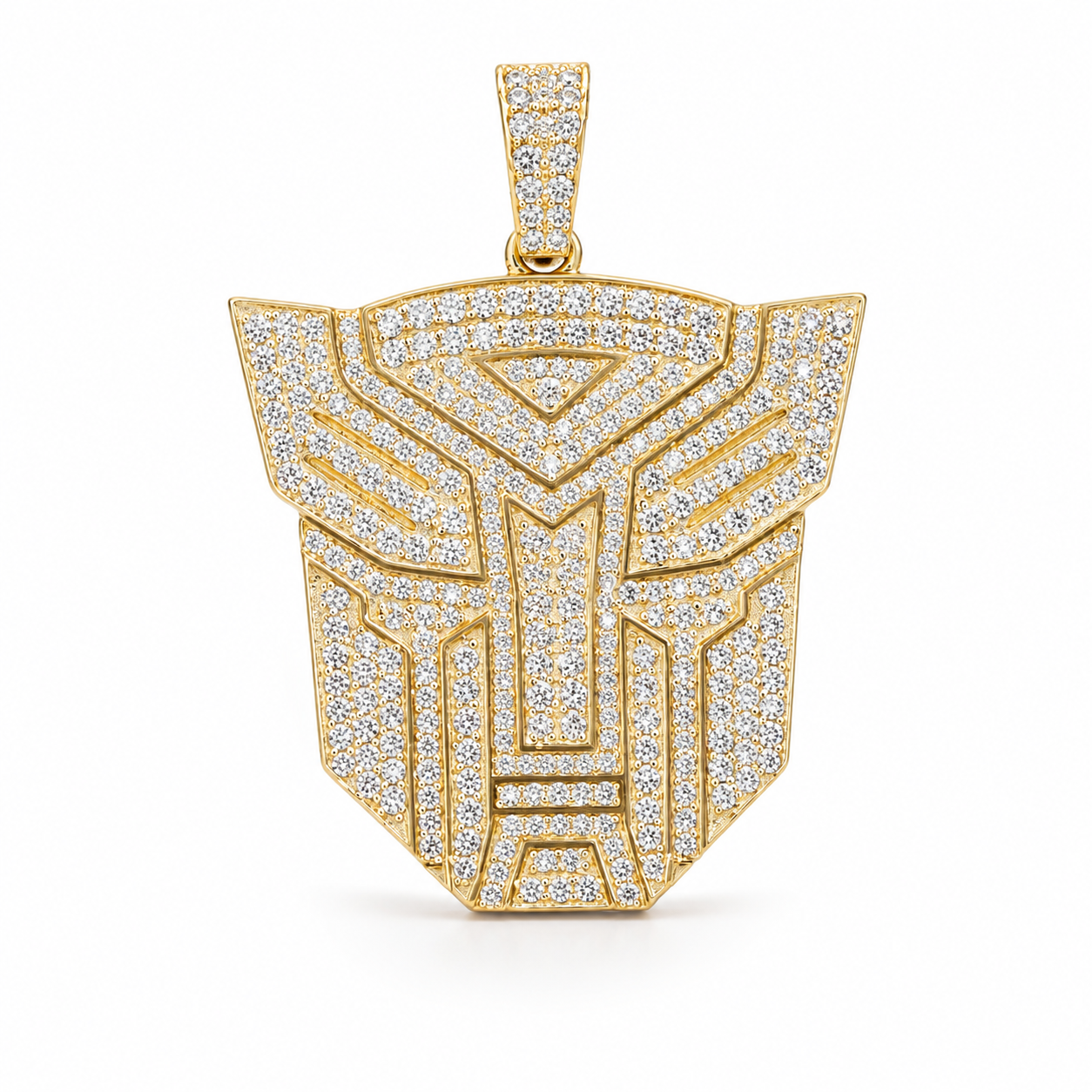 Diamond encrusted autobot transformer custom jewelry pendant.