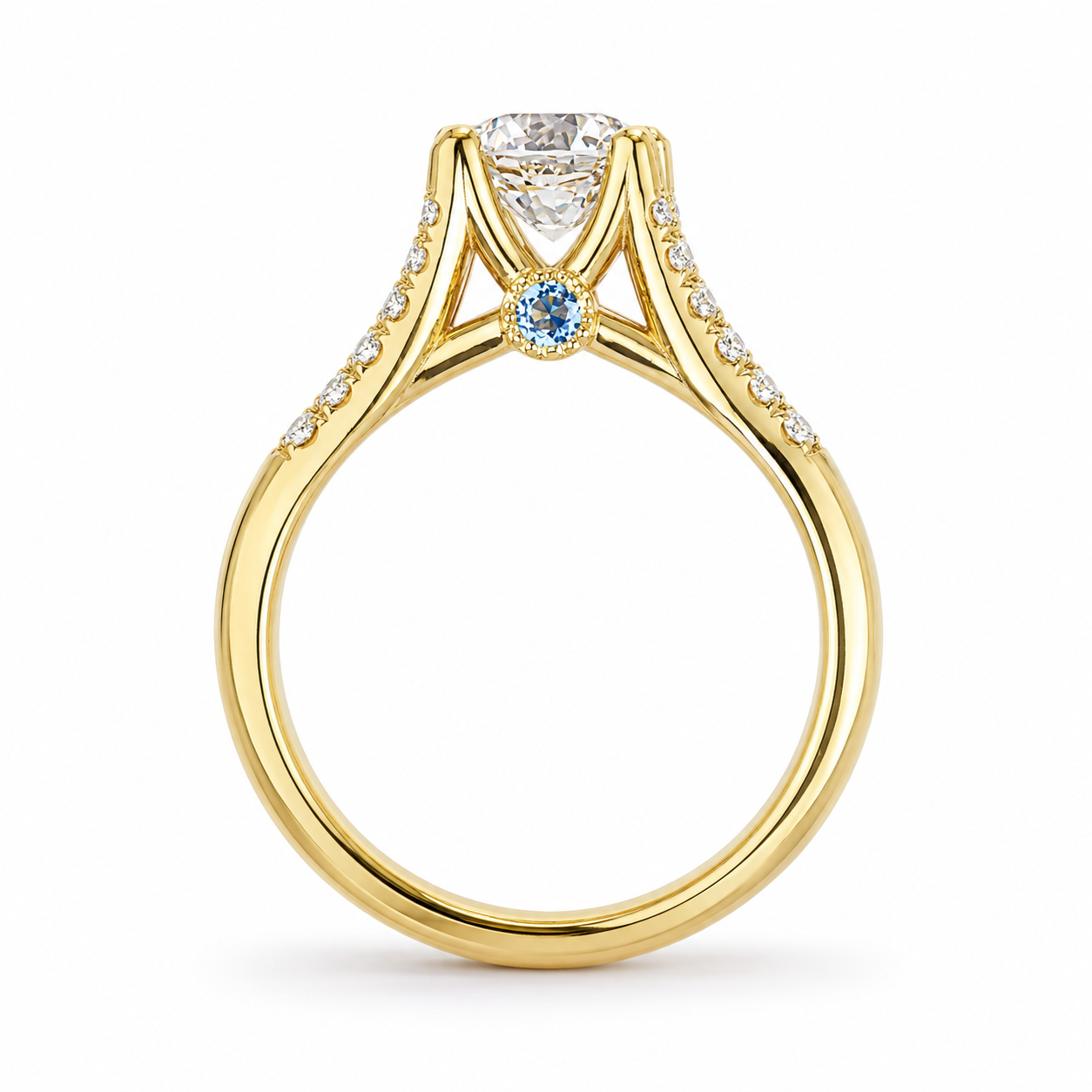 14k gold round diamond and aquamarine engagement ring