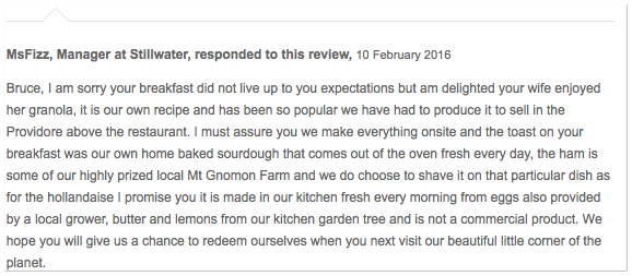 This response from a Launceston business owner is fantastic. She apologises for the bad experience while showing the quality that is in fact provided by answering all the review's points. The message ends with a polite request for the customer to return.