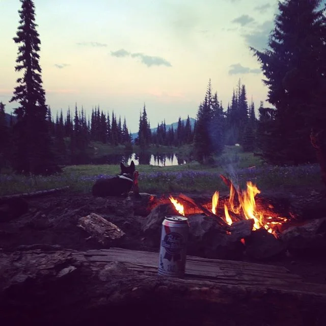 A cold PBR next to a hot fire at sundown on the shores of Sheep Lake in the Goat Rocks #beersandnature