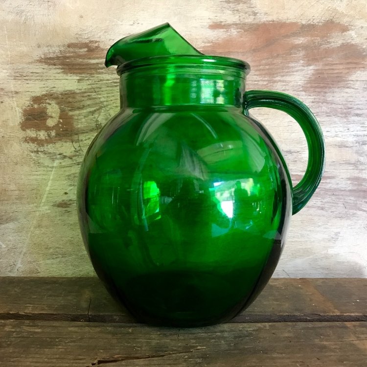 Green Glass Pitcher — Birdie in a Barn, Vintage Event Rentals