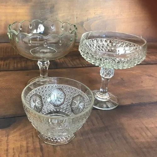 Compotes or Candy Dishes. Assorted cut glass pedestal bowls with various designs. Good for food or floral. 8" to 12" tall