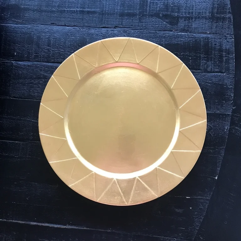 Gold fancy mismatched chargers. Wedding rentals in the Temecula Valley.