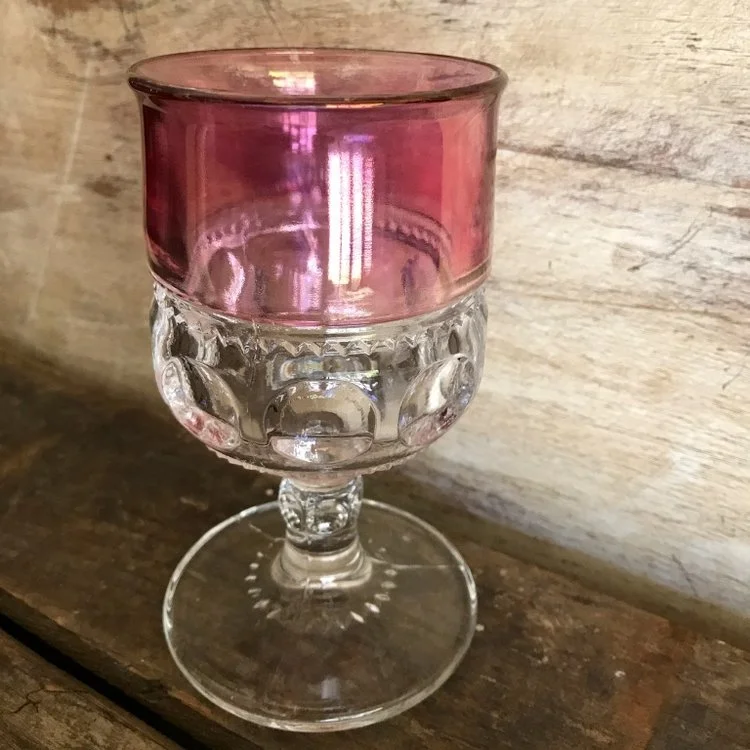 Ruby Glass Goblets Assorted and mismatched. Kings Crown pattern.