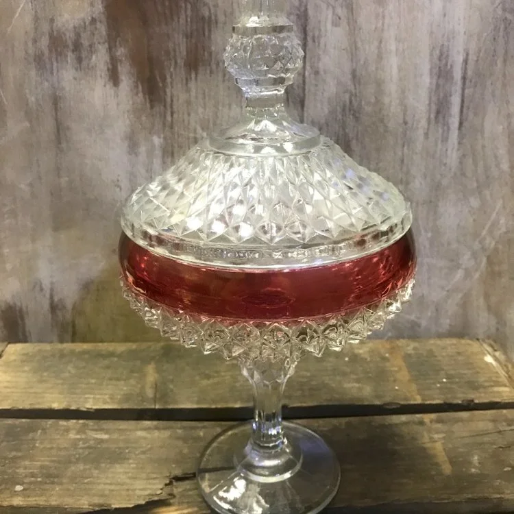Cut glass candy dish with ruby striped center. Vintage rentals in Murrieta.