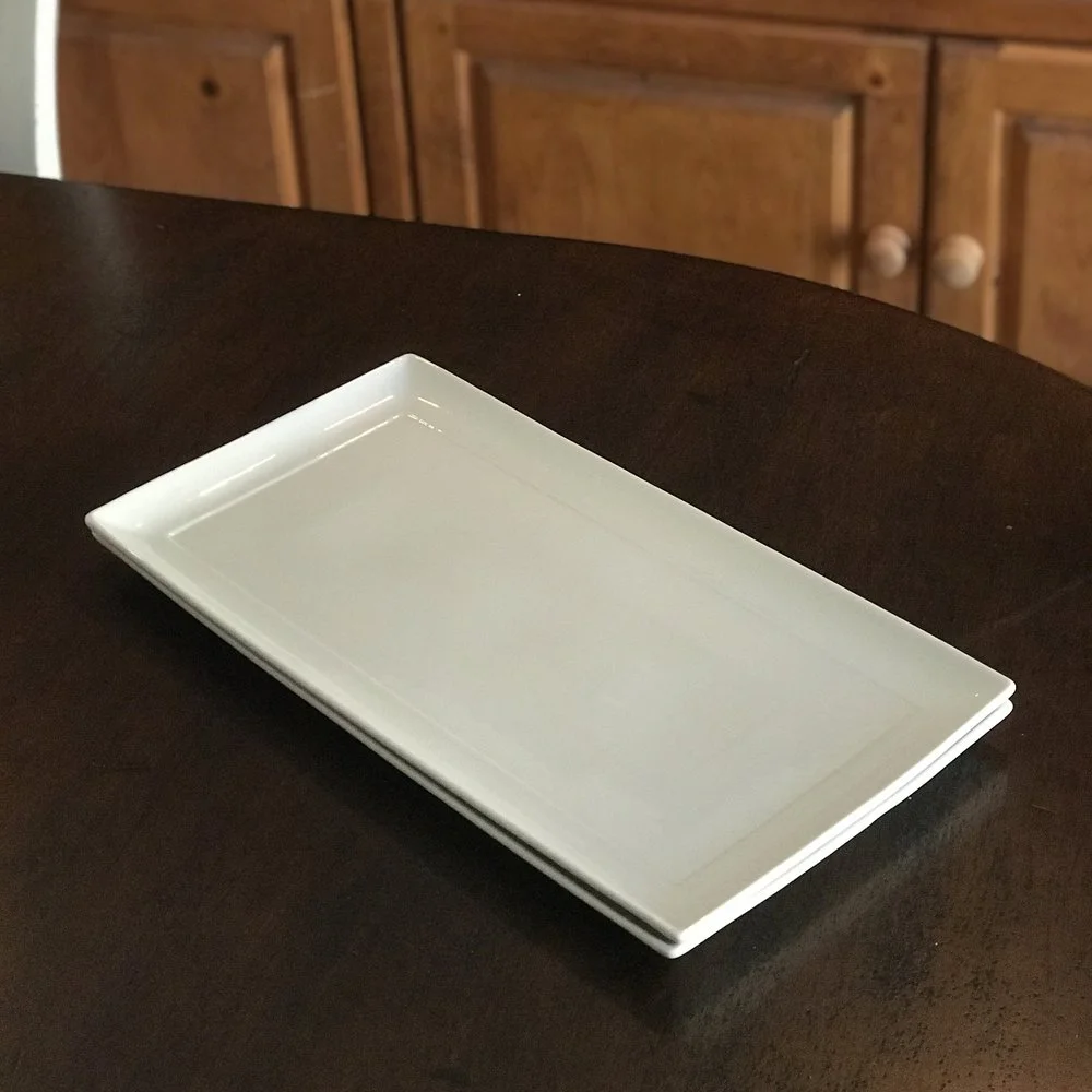 White Rectangle Serving Plate. 17.5” x 9” rectangle. Great for appetizers or desserts.