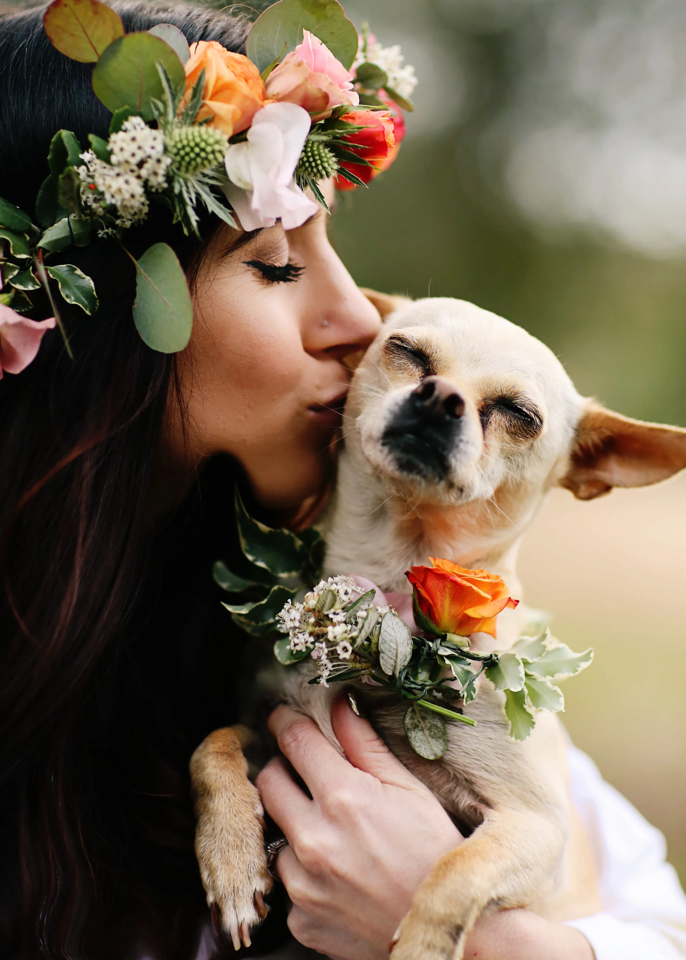 Mother Nature Bride with her dog Kai. She is wearing a floral crown made by Bleudog Floral of Orange County. He dog is wearing a floral color too.