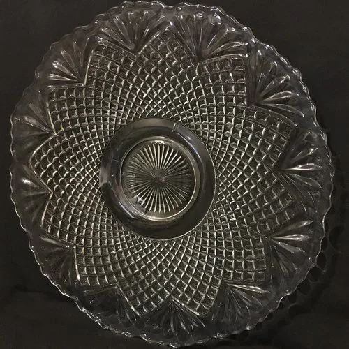Fan Pattern Serving Tray. Heavy cut glass Art Deco serving tray with fan pattern and squatty pedestal base. 23.25" round x 1.5" tall.