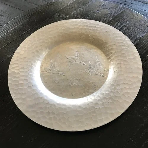 Aluminum Round Duck Tray. Beautiful hammered aluminum tray with flying ducks. 18" round