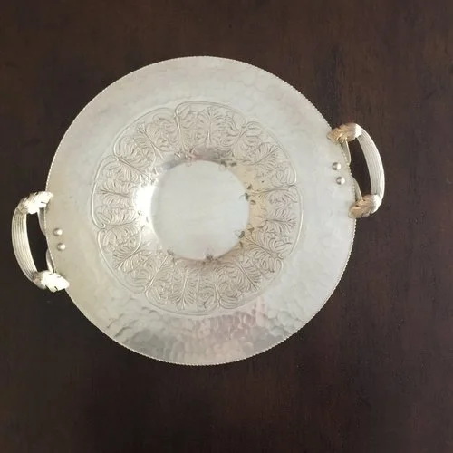 Aluminum Acorn Tray. Mid-century modern aluminum serving tray. Acorn embossed, round, with handles. 15" round. 17.5" with handles.