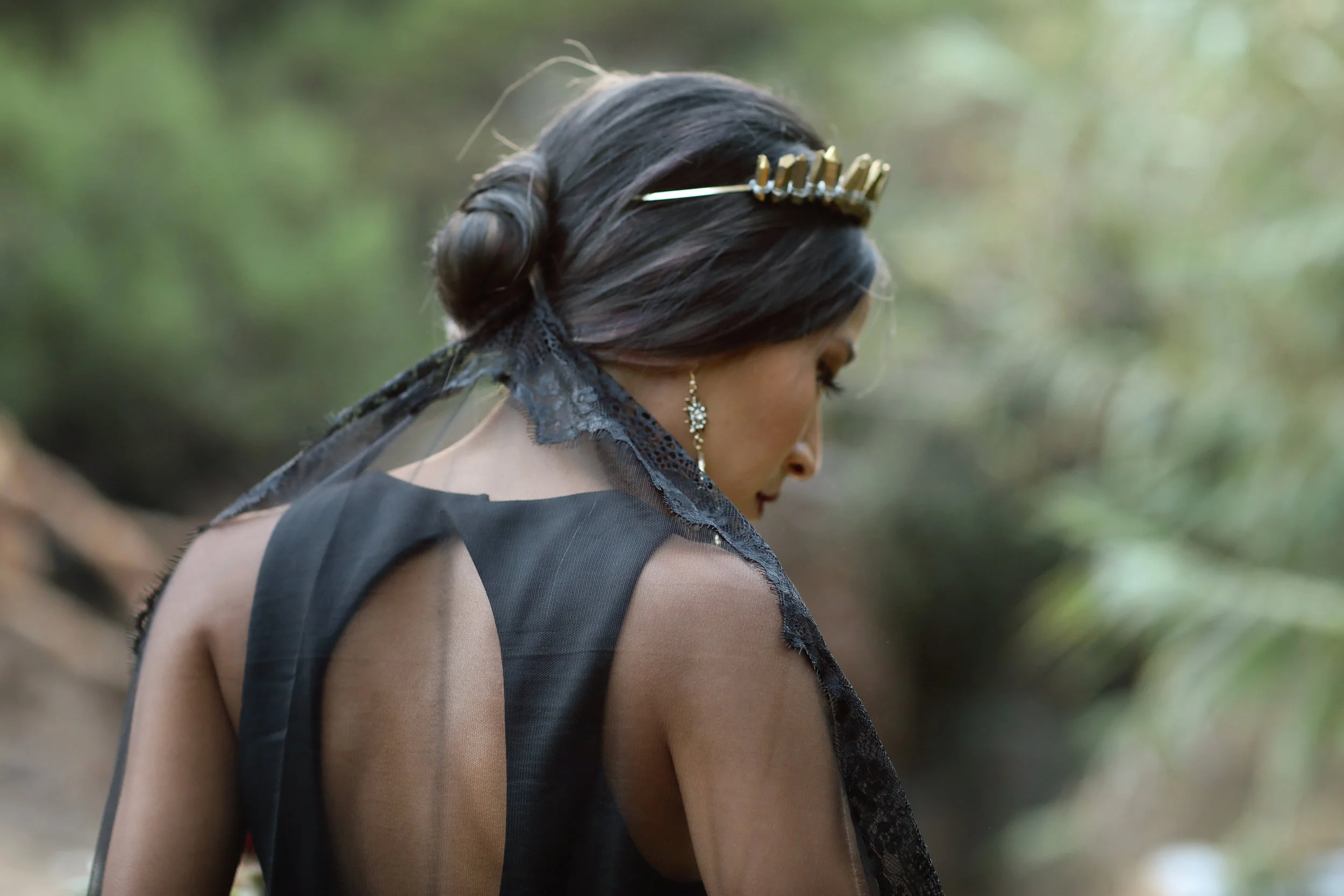 Black wedding dress, black veil, gold crown. Southern California Bride.
