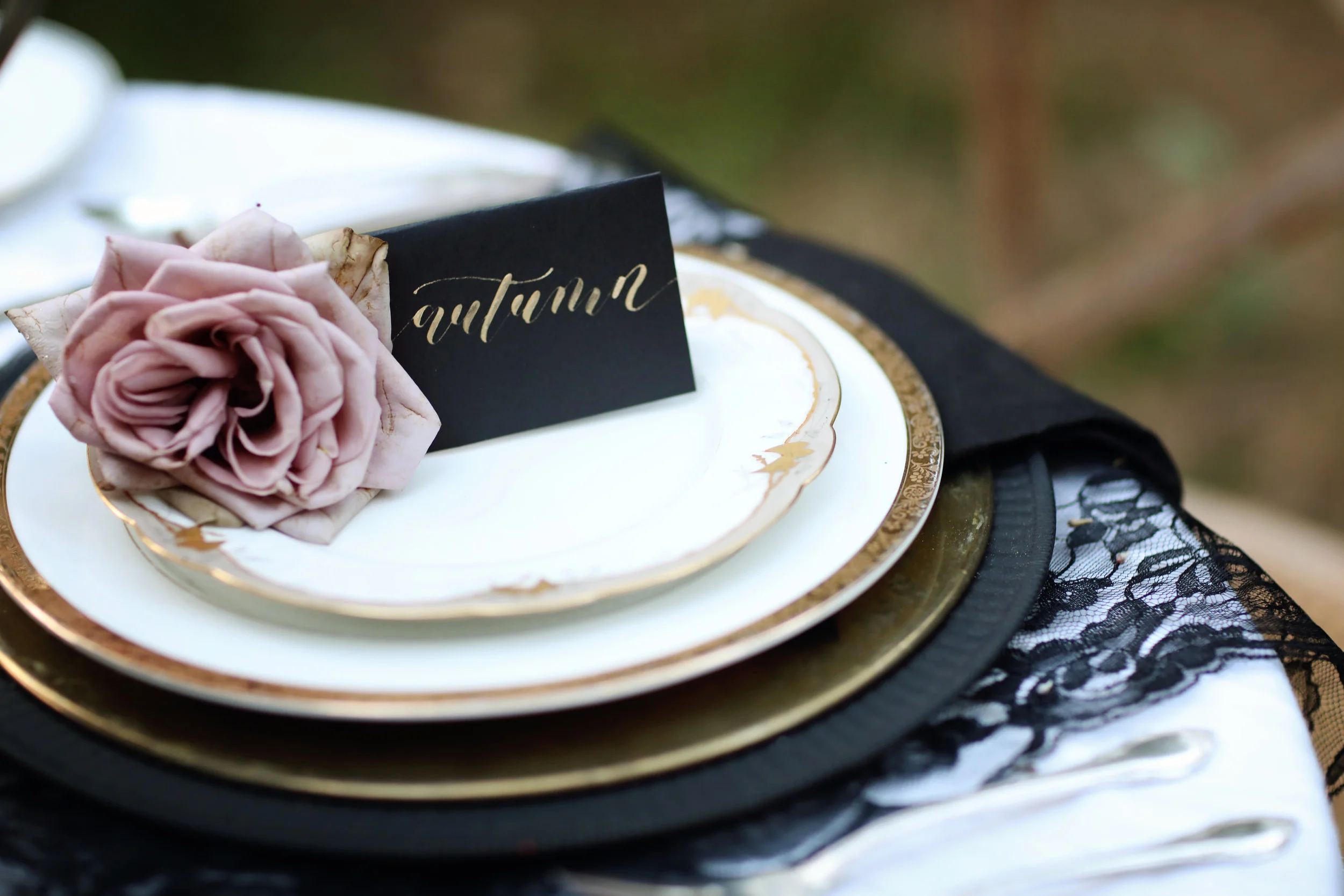 Formal wedding table setting. Hand written place cards.