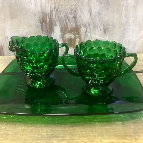 Green Glass Cream and Sugar Anchor Hocking green sugar and creamer set with tray.
