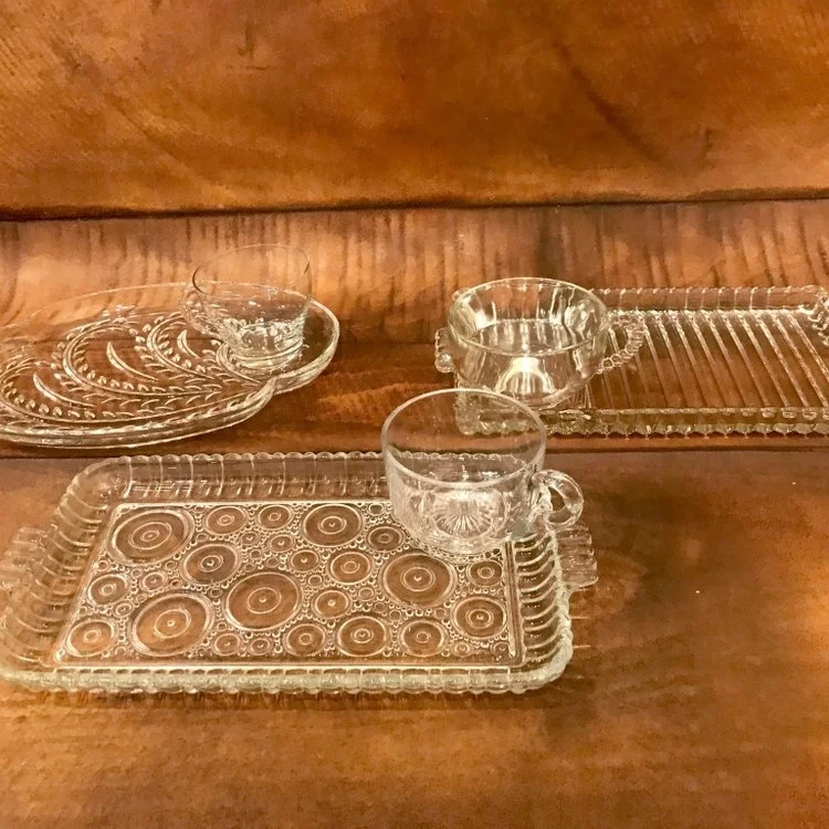 Snack Sets A true Mid-century Modern delight. Each set comes with a plate and matching cup. Use the cup for punch, soups, dips, or even a small salad. These will impress. Mismatched and very unique. Great for Tea Parties or Showers.