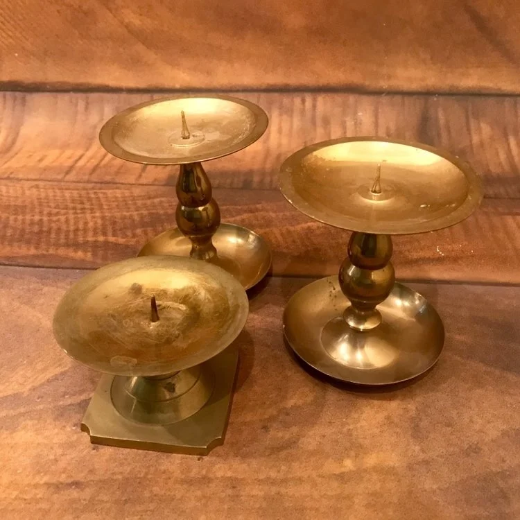 Brass Pillar Candlesticks 3”-5” tall. Mismatched.