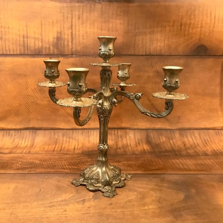 Four Arm Silver Candelabra12” tall.  Holds five taper candles.