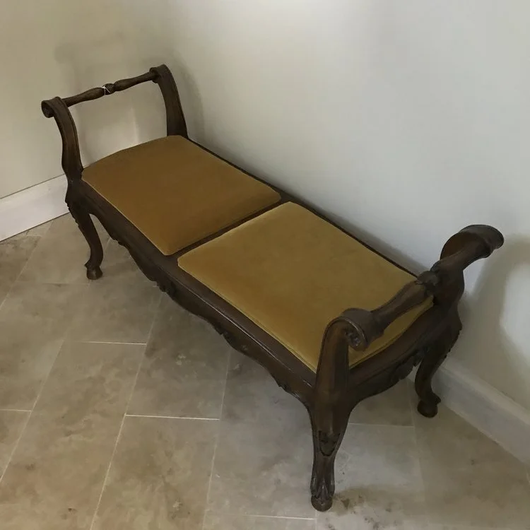 Haley Vintage gold velvet, split seat, intricately carved wood bench. 41" long x 16" wide. Overall height 22" with seat height at 15".