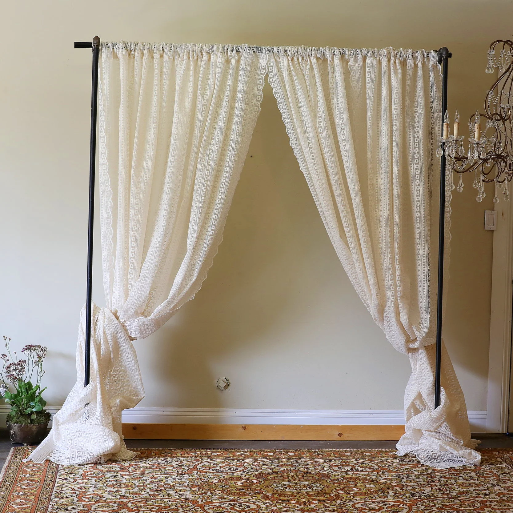 Tiffany Industrial pipe curtain holder with four lace curtain panels on it. Multiple colors available. Three sizes, 6’ 7’ and 8’