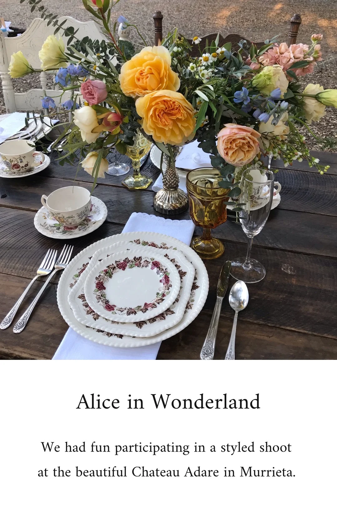 A photo journal of the styled shoot at Chateau Adare in Murrieta with the Alice in Wonderland theme. Tabletop rentals were provided by Birdie in a Barn.