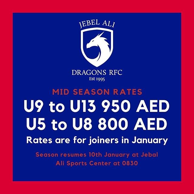 The season resumes on the 10th of January,  0830 at The Jebal Ali Centre of Excellence! 🐉⁣
⁣
There are different fees for new joiners in January. U9 to U13 - 950 AED. U5 -U8 - 800 AED. 🐉🐲⁣
⁣
Looking forward to seeing old and new faces there!⁣
⁣
⁣
