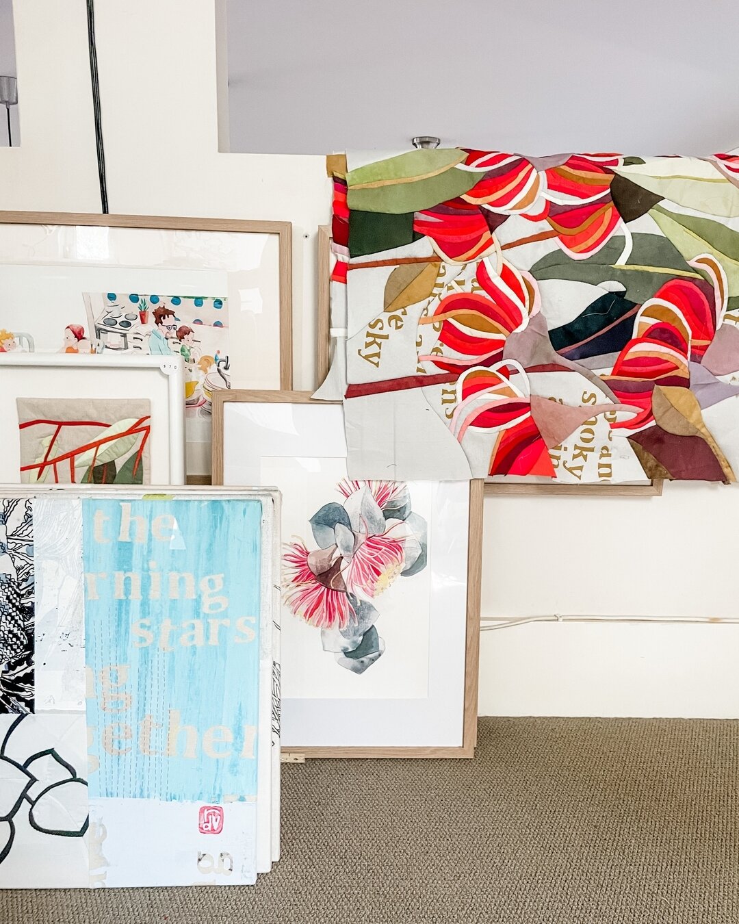 I love the fun layering that occurs when artwork piles up around the studio! Featuring some fun experimental artworks, fine art prints from the book &lsquo;Shine&rsquo;, a botanical fine art print, a leafy textile artwork and some incomplete artworks