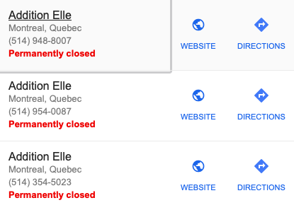 Résultats de la recherche d'un magasin Addition Elle à Montréal sur Google, lundi 27 mai 2019……Results of an Addition Elle Montreal locations search on Google, Monday, May 27, 2019