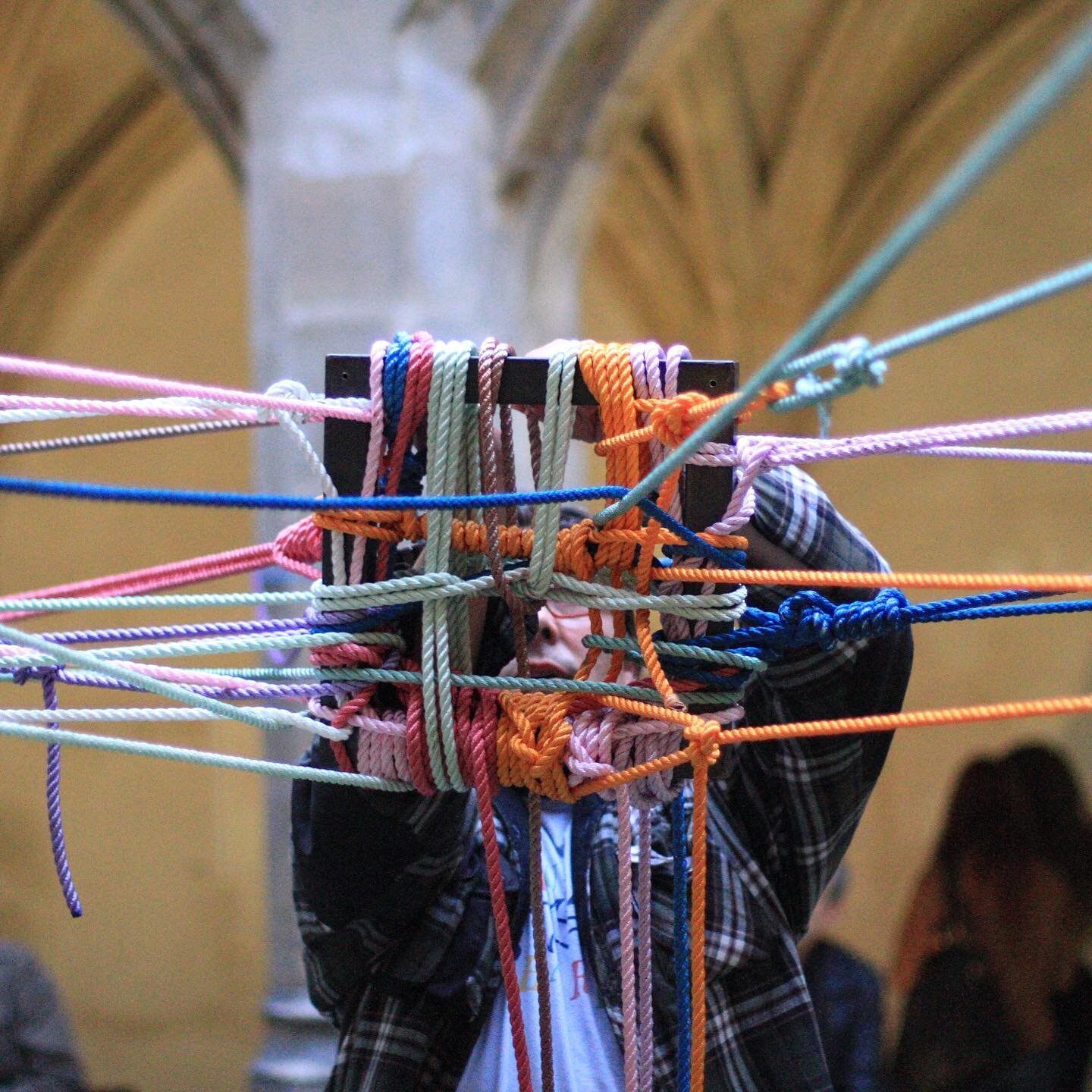 Intersections, 2014. Paris. This is the story of 14 lines dyed in the colors of the Parisian Metro lines that intersect at the Cloitre Des Billettes in the Marais, the performance incorporated different sound bites of Paris life intertwined with cont