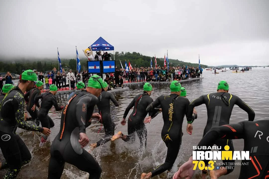 Ironman 70.3 Mont. Tremblant swim start. I'm easy to spot with the "sailfish" wet suit.