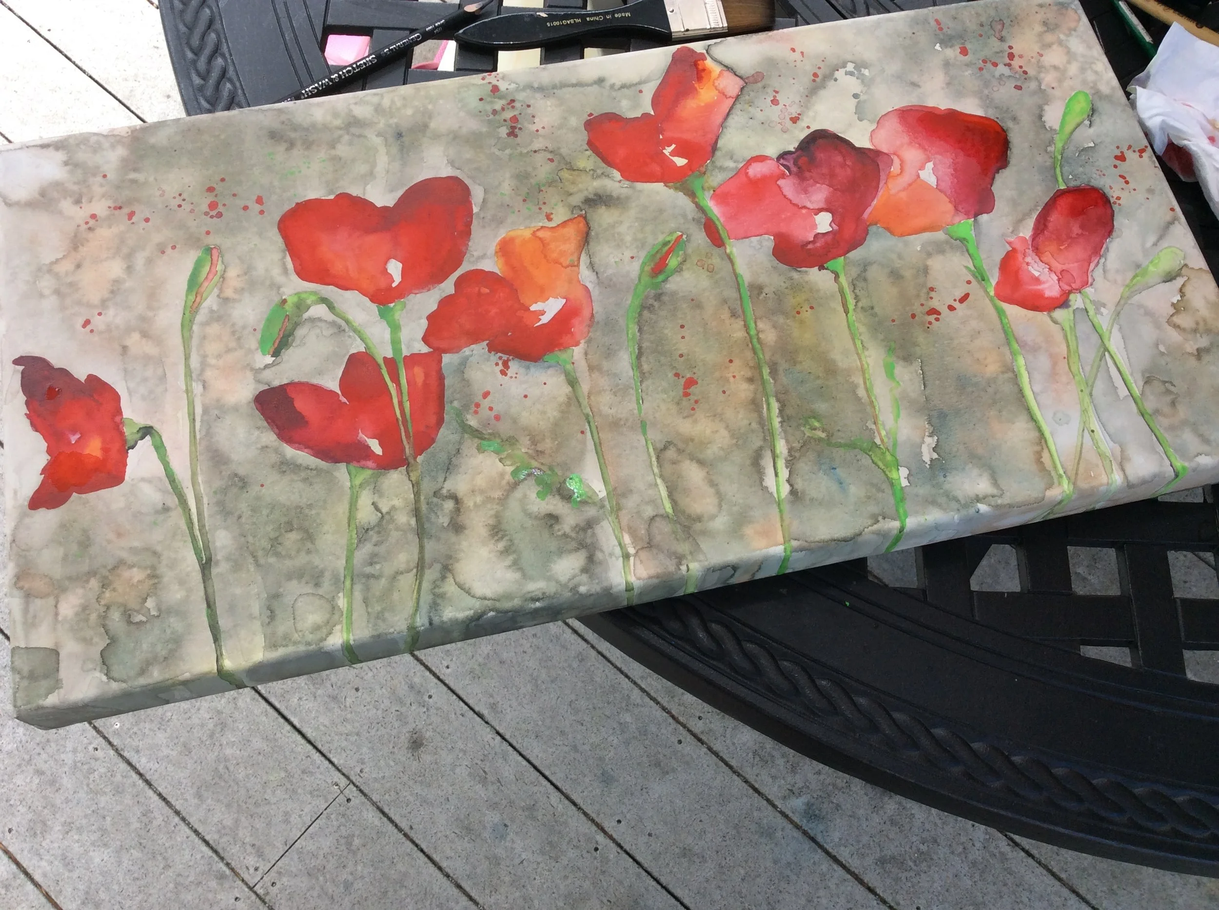 poppies in progress- watercolor on canvas