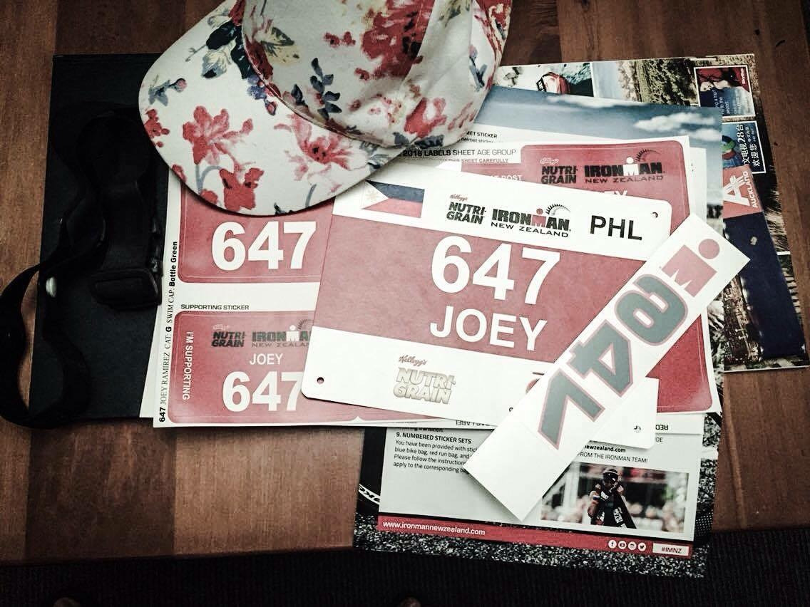 Joey’s race tags with my mom-in-law’s floral cap. Haha!