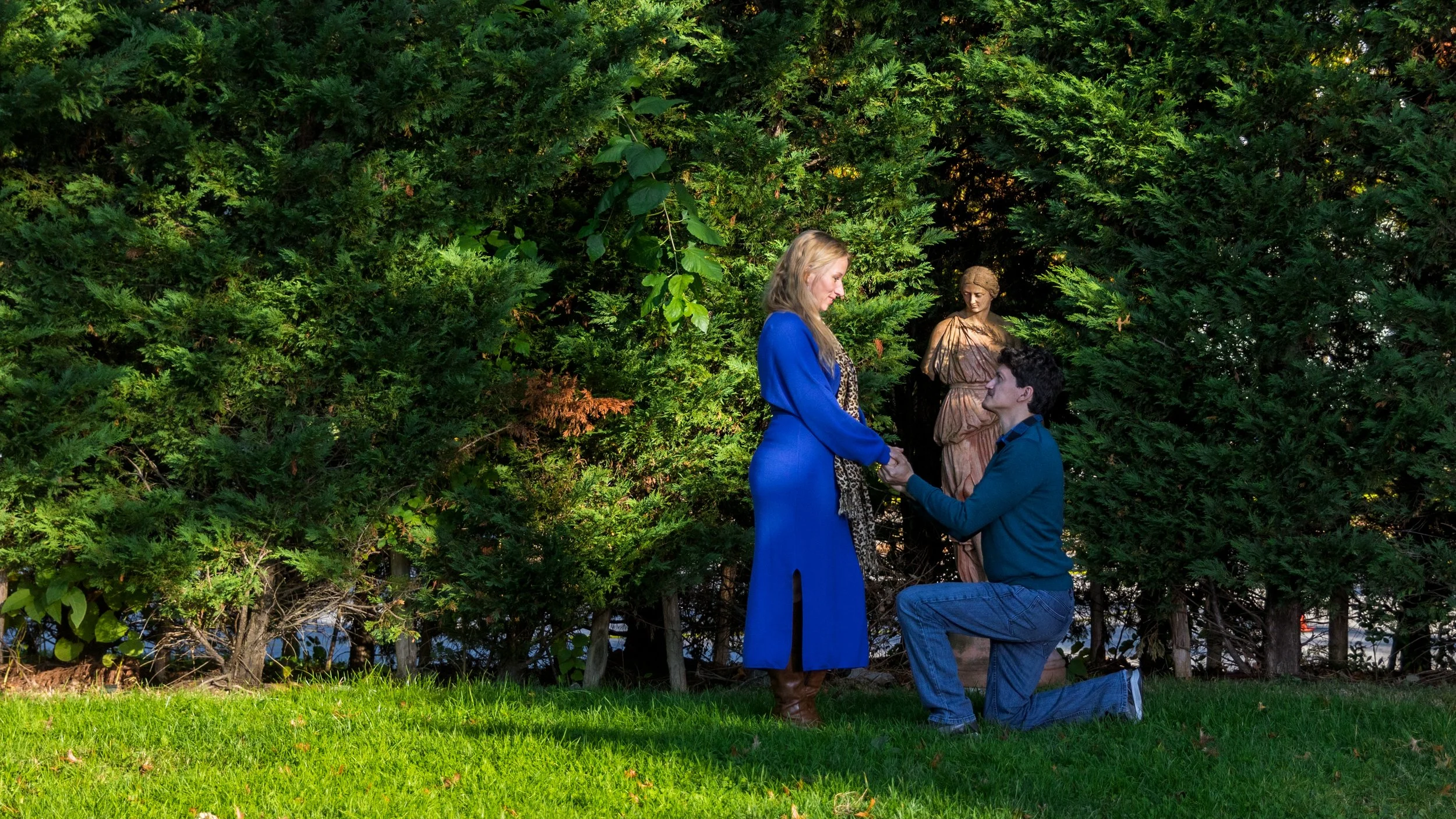 A man kneeling in a garden holding hands with a woman in a blue dress, with a statue in the background surrounded by evergreen trees.