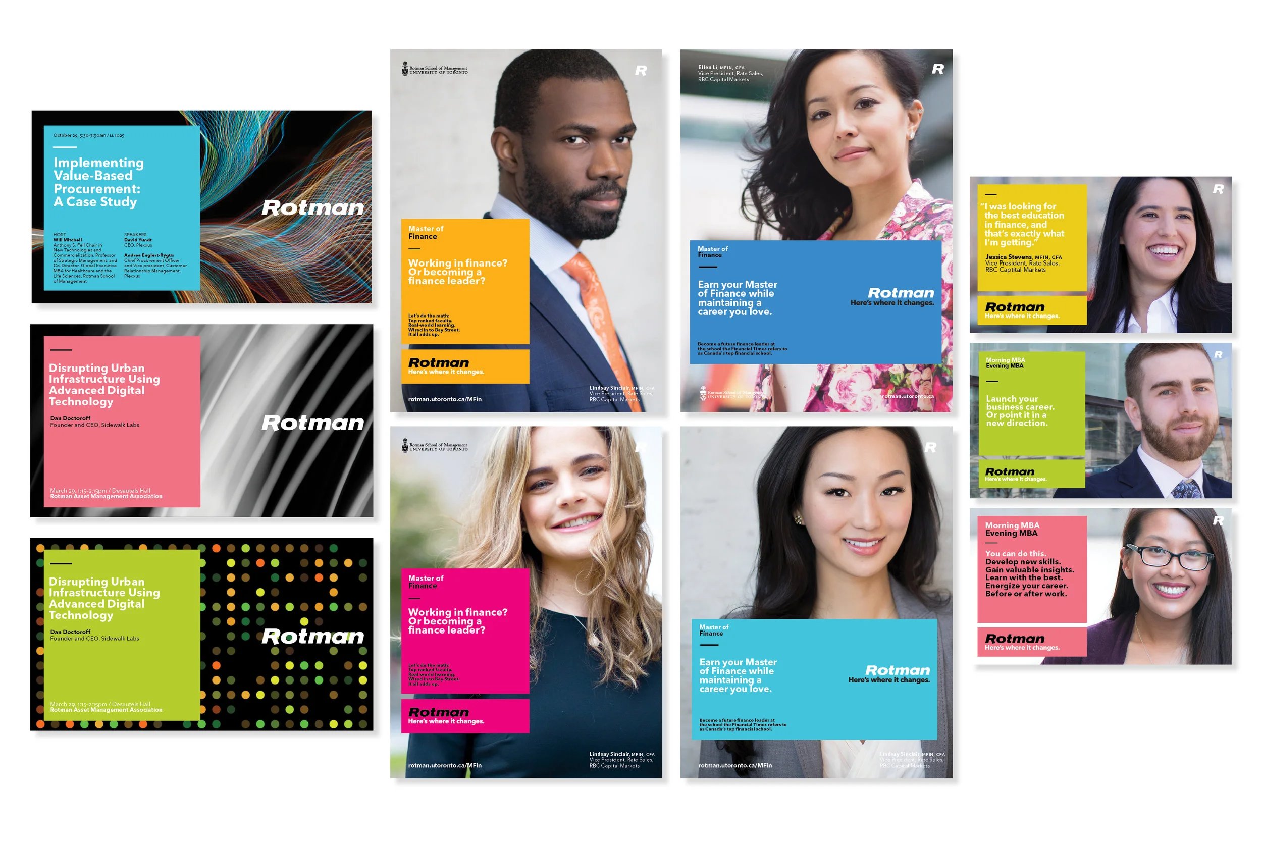 Ads for Rotman media walls, print applications, light boxes, and social media posts.