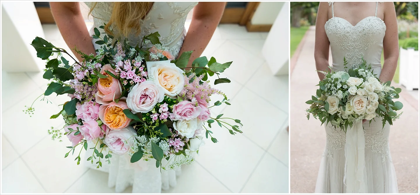 Two rose heavy bouquets seen from above. Created by Petal and Wild and including David Austin Keira, David Austin Juliet, O'Hara and Mansfield Park roses.