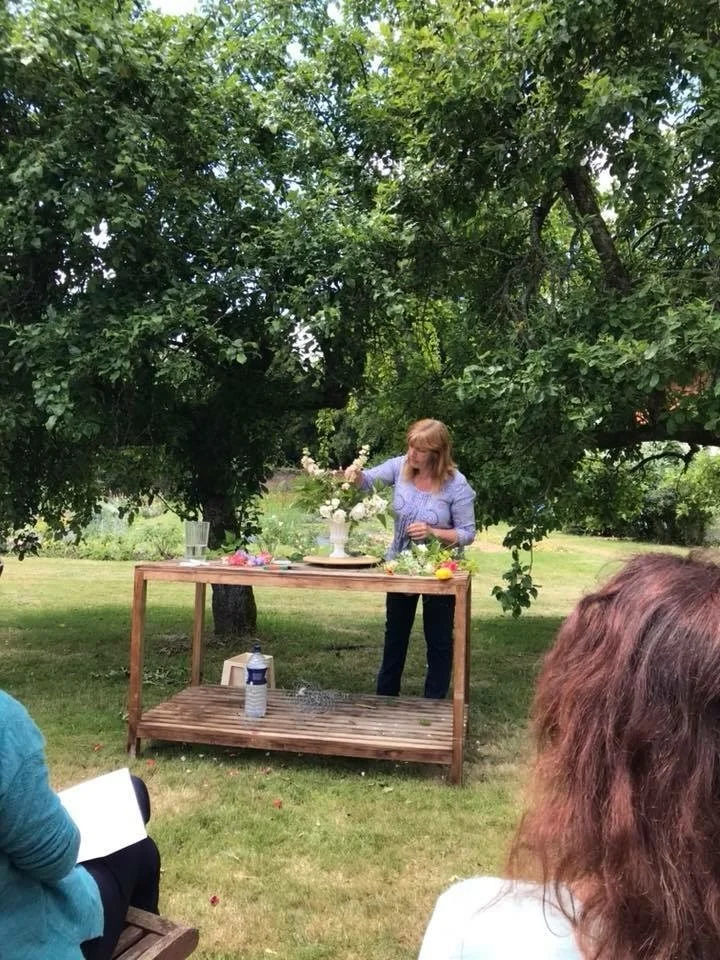 Collage of images of urn styling workshop at British flower farm