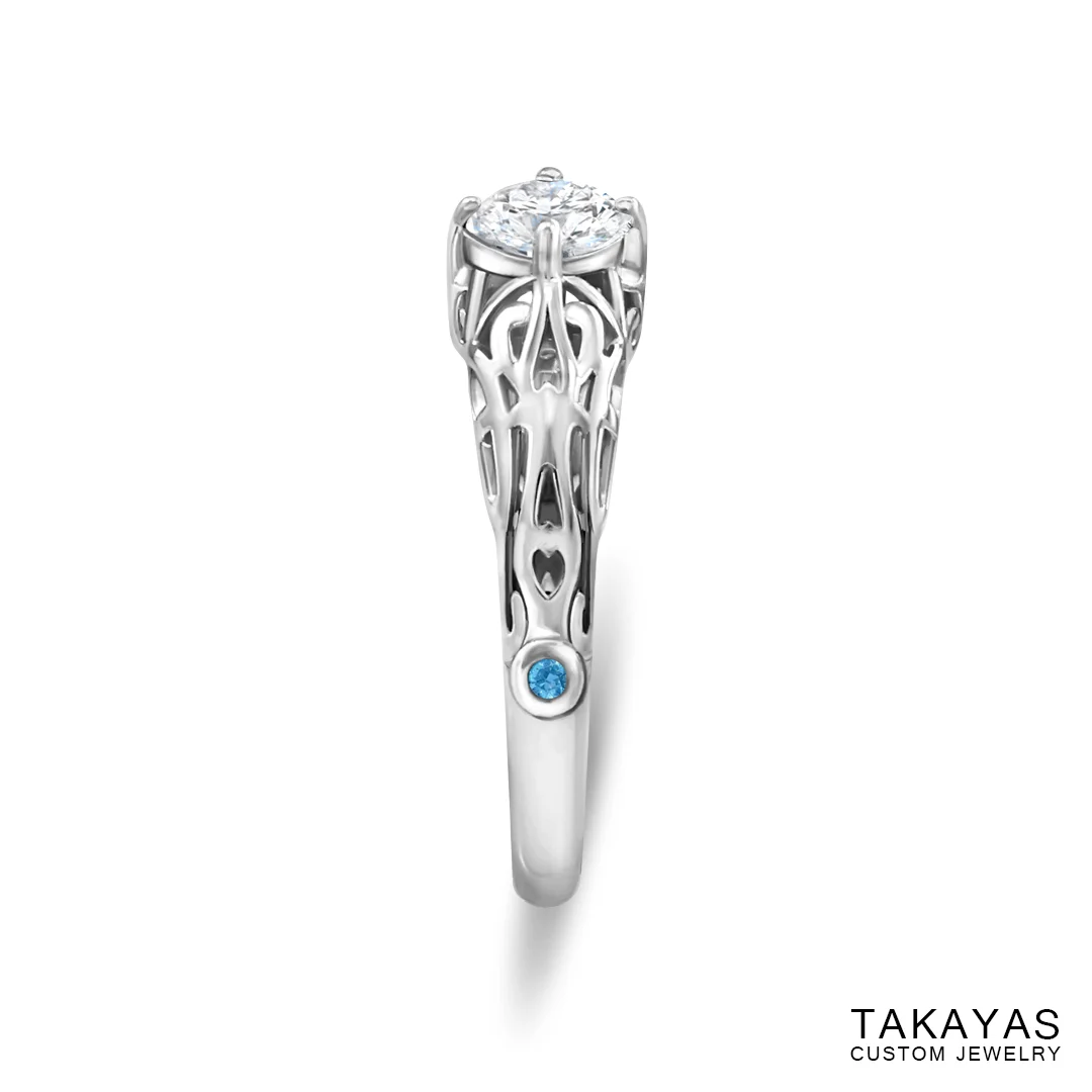 photograph of finished ring – side view (Can you see the little heart Takayas worked into the clock hand design?)
