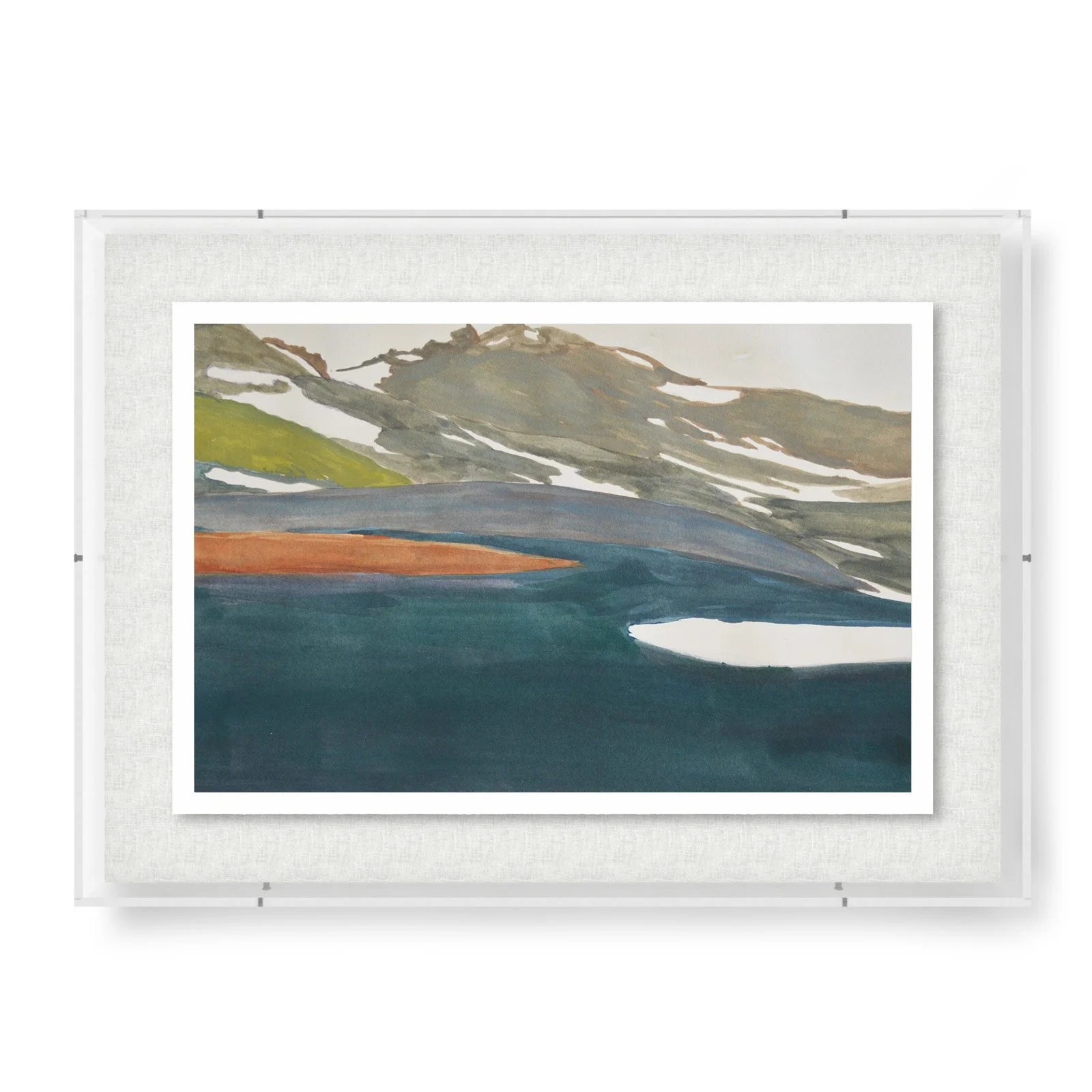 Modern acrylic-framed art object featuring a watercolor mountain landscape with snowy peaks, abstract shoreline, and serene blue and orange tones.