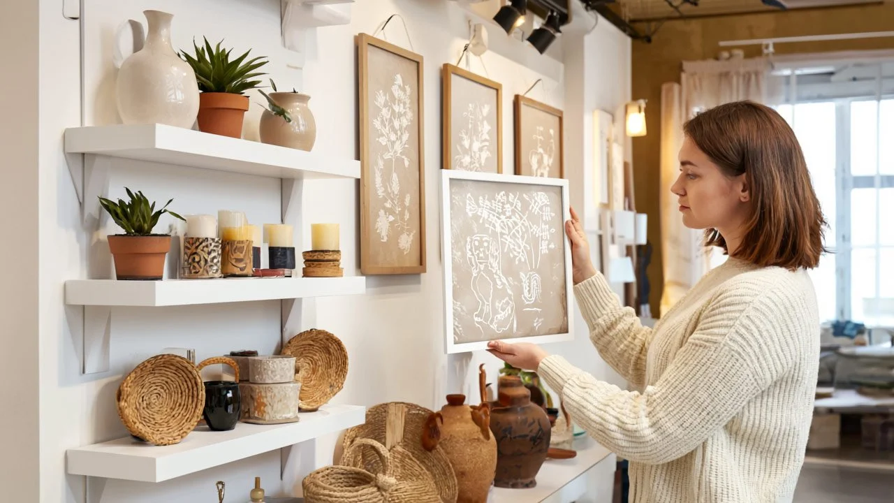 Woman holds up a framed art piece with white botanical sketches in a well-lit room decorated with pottery, plants, and wall art.