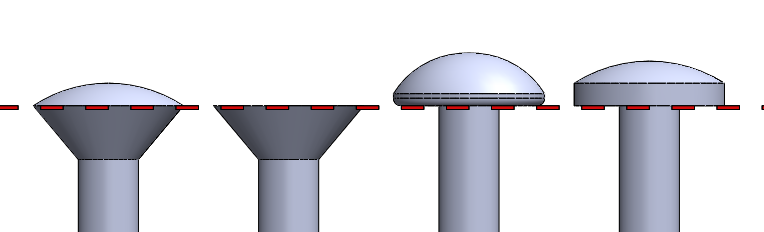 Diagram shows an oval countersunk head, a flat countersunk head, a round head and a pan head both of which are non countersunk. The red line indicates where the screw will rest on a surface when installed.   Image Source:  www.jayconsystems.com