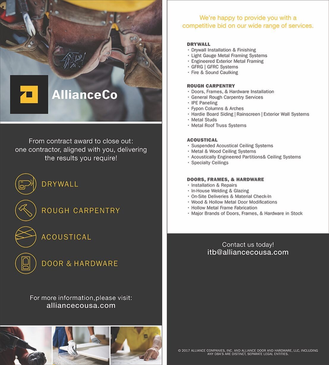 ALIGNED WITH YOU 😎 Please contact us with any questions. We look forward to servicing your next project!
#AllianceCo #AllianceDryWall #AllianceDoorsFramesHardware  #AllianceAcousticals #AllianceRoughCarpentry #MBE