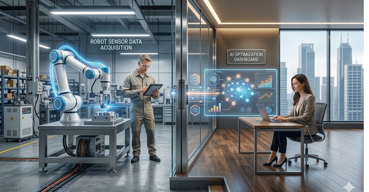 Manufacturing worker working with robot, office worker working with AI