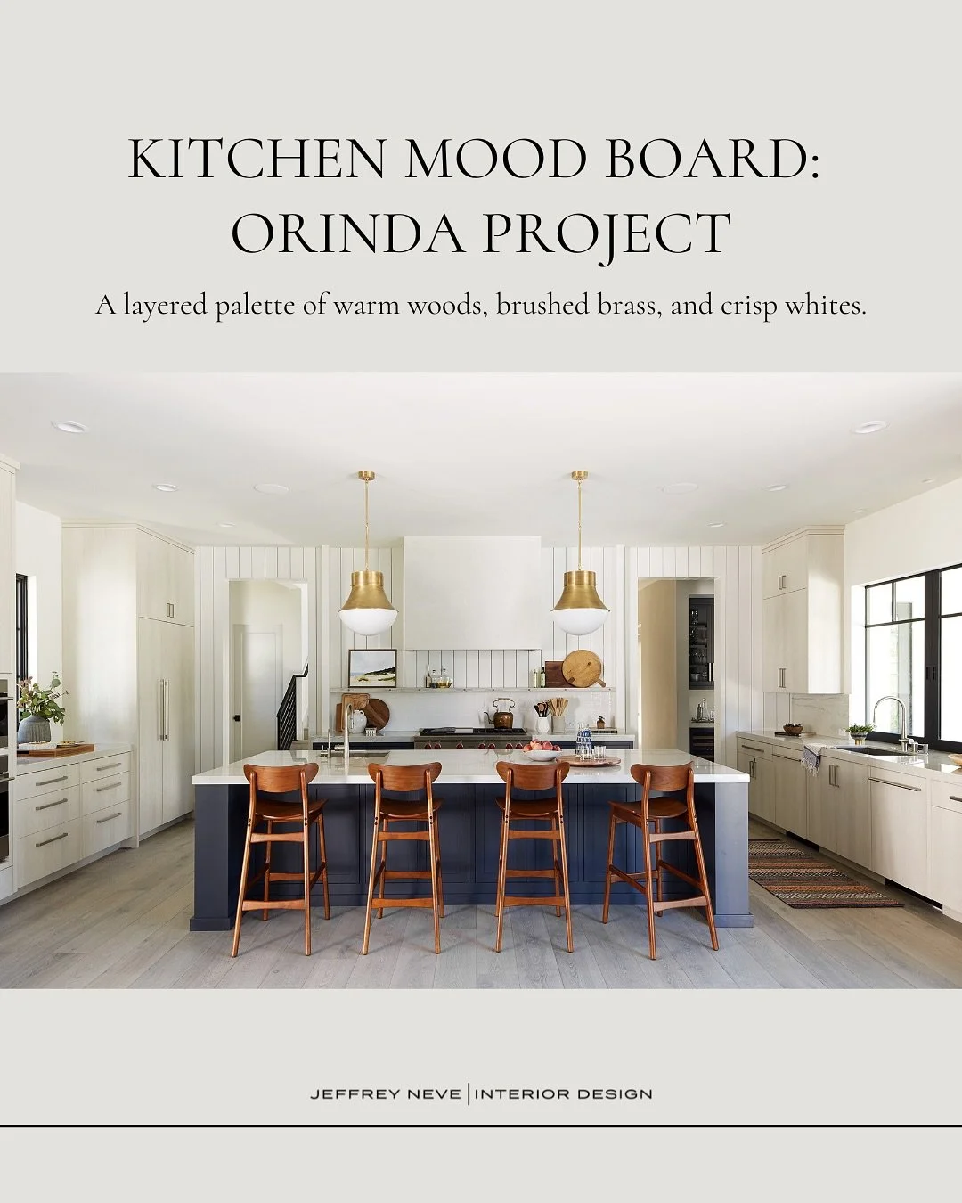 The kitchen is the heart of the home — and when design is intentional, it sets the tone for the entire space.
For our Orinda Project kitchen design, we layered warm woods, brushed brass lighting, and crisp white cabinetry to create a space tha